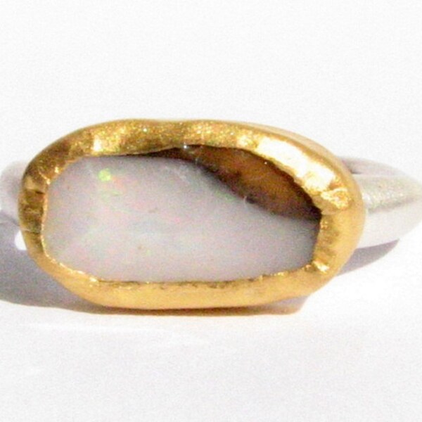 Natural Rough Ethiopian Opal Ring - 24k Solid gold and Silver Ring - Gemstone Ring.