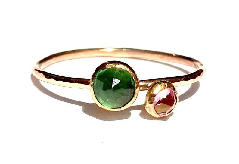 Gold Emerald Ring/Pink Topaz Ring/SOLID Rose Gold Ring/Emerald Rose Gold/Emerald Engagement Ring/Stackable Ring/Thin Gold Ring/2 Stones Ring image 2