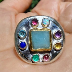 Large Silver and 24k Gold Multi Stones Ring- Mixed Metals Ring - Rose Cut Aquamarine Ring- Statement Ring- Bohemian Ring-Large Hamdmade Ring