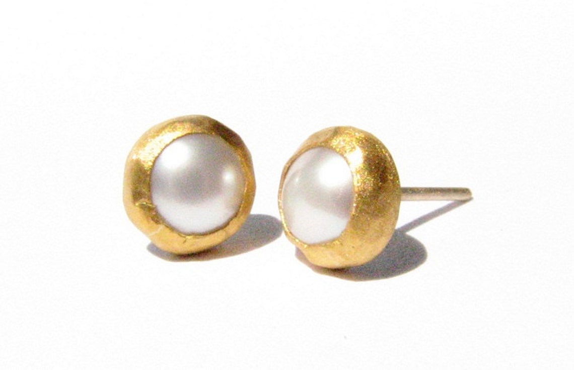 Pearl Gold Studs24k Solid Gold Earringspost Earringsstone Etsy