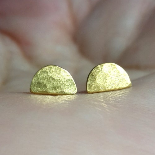 Half circle studs - 5 mm across shops -Solid 24k Gold Hammered Post Earrings-Yellow Gold Studs-Pure Gold- Matte- Made To Order (within a few days)