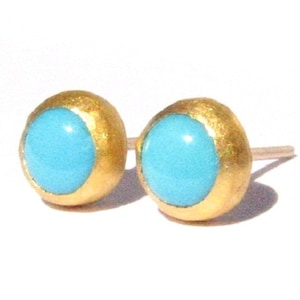 Natural Turquoise Studs-24k Solid Gold Earrings - Post Earrings-Stone Earrings-Turquoise Yellow Gold-Gold Silver Post Earrings-Made To Order