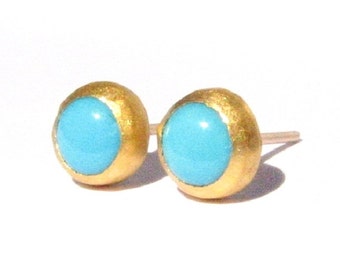 Natural Turquoise Studs - 24k Solid Gold Earrings-Post Earrings-with 14k or 9k or silver back behind the stone and silicone closure