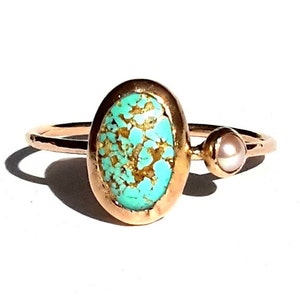 14k Solid Gold Turquoise and Pearl Ring-Turquoise Engagement Ring-Turquoise gold ring-December Birthstone ring-dainty ring-Multi Stones Ring