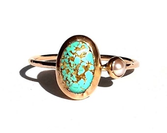 14k Solid Gold Turquoise and Pearl Ring-Turquoise Engagement Ring-Turquoise gold ring-December Birthstone ring-dainty ring-Multi Stones Ring