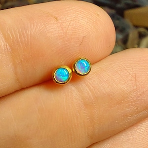 Pode incluir: Um par de brincos de pressão de ouro com pequenas pedras redondas de opala azul.