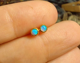 Blue Opal 24k SOLID YELLOW Gold Studs-Tiny Opal Post Earrings- 3 mm -Yellow Gold Opal Earrings- Handmade Gold Opal Studs- Made To Order.