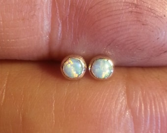 White Opal 14k SOLID Rose Gold Studs - Tiny Opal Post Earrings - 3 mm -  Rose Gold Opal Earrings- Opal Studs- Opal Rose Gold- Made To Order.
