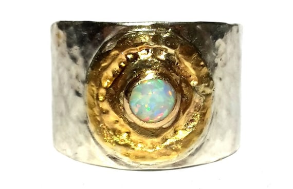 Wide 24k Gold and Silver Opal Ring-Mixed Metals Ring-Rustic Ring-Statement Ring-Large Ring-Bohemian Ring-Handmade-Opal Ring-Made To Order