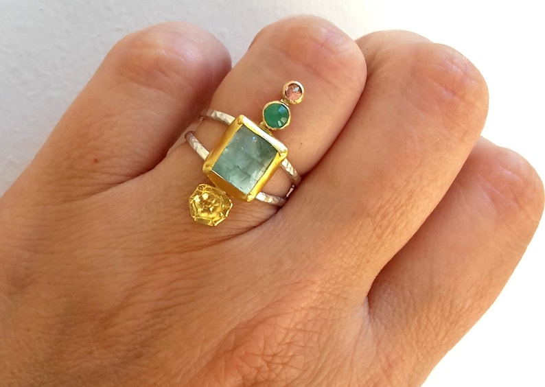 Pink Topaz Statement Ring- Bohemian Ring- A size 6.5 Mixed Metals Ring 24k Gold and Silver Ring Emerald Aquamarine Multi Stones ring