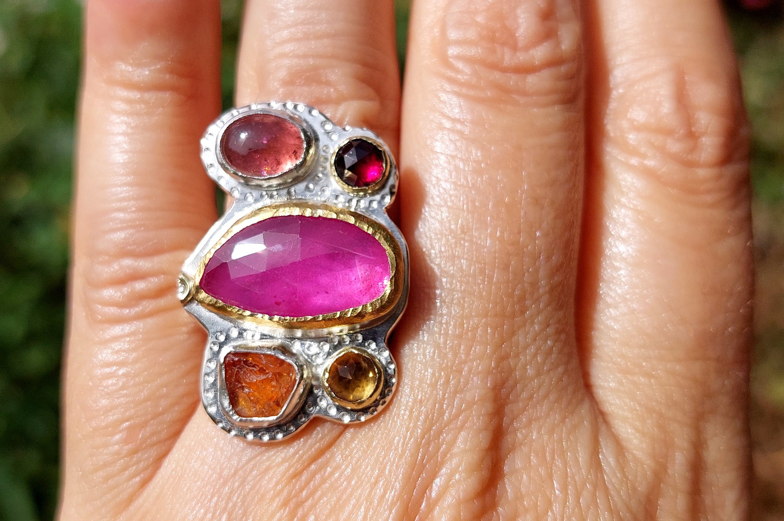 Large Mixed Metals Ring-Multi Stones Butterfly Ring-OOAK Ring-GF Rose Cut Ruby, Raw Spessartite Garnet, Pink Tourmaline, Citrine Garnet Ring