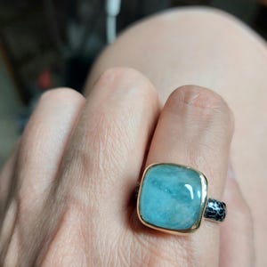 On Sale - Aquamarine, Solid 14k Gold & Oxidized Silver Ring -Large Aquamarine Ring- Gemstone- Statement Ring -Cocktail Ring - MADE TO ORDER.