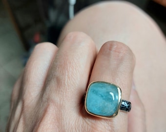 On Sale - Aquamarine, Solid 14k Gold & Oxidized Silver Ring -Large Aquamarine Ring- Gemstone- Statement Ring -Cocktail Ring - MADE TO ORDER.