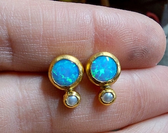 Blue Opals and Tiny Pearls Post Earrings- 24k solid Gold around the stones and 14k solid gold at the back - Bohemian 2 stones Post Earrings.