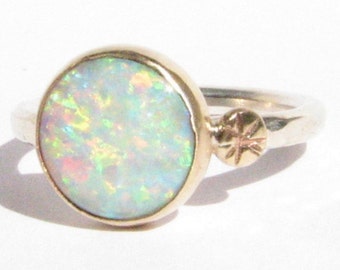 Opal 14k Solid Gold and Silver Ring-Statement Ring-Opal Gold Ring-14k Gold Opal-Opal Engagement Ring-Gold Opal -MADE TO ORDER.