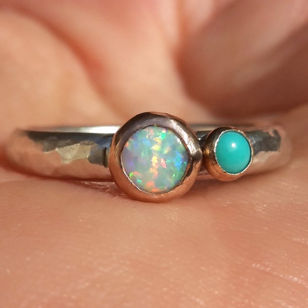 Opal Turquoise Solid 14k Rose Gold and Silver Ring-Mixed Metals Ring-Birthstones Ring-Opal Turquoise Ring-Solid Rose Gold Ring-2 Stones Ring