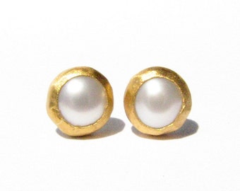 Pearl Gold Studs-24k Solid Gold Earrings-Post Earrings-Stone Earrings-Gold Pearl Studs-24k Gold- Pearl Studs- Pearl Earrings- MADE TO ORDER.