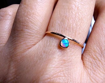 Blue Opal 14k Solid Rose or Yellow Gold Stacking Ring- Thin Gold Ring- Opal Engagement Ring- Dainty Opal Ring-Handmade Opal Birthstone Ring.