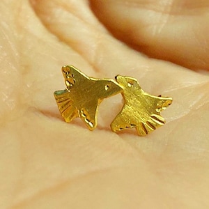 Small 24k Solid Gold Rustic Birdies Post Earrings - 24k Gold Handmade Bird Studs - 6 mm-Peace Dove Earrings -Pure Gold Studs- MADE TO ORDER.