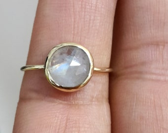 Rose Cut Moonstone and 14k Solid Gold or Rose Gold Ring-Thin Gold Ring-Rainbow Moonstone Gold Ring-Moonstone Engagement Ring-Handmade Ring