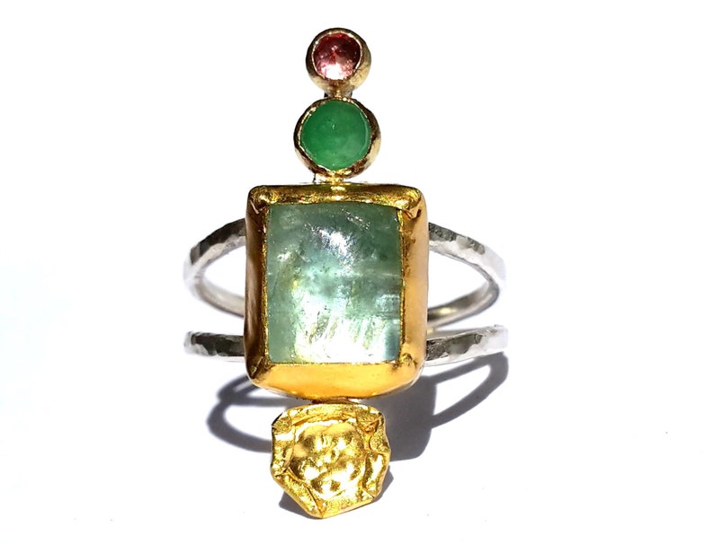 Pink Topaz Statement Ring- Bohemian Ring- A size 6.5 Mixed Metals Ring 24k Gold and Silver Ring Emerald Aquamarine Multi Stones ring