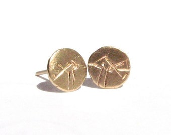 Engraved Birds on Recycled Solid Yellow Gold Studs - Solid Gold Post Earrings with Solid 14k Gold Posts - Round Gold Studs - Made To Order.