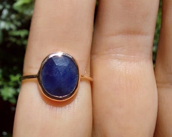 Natural Rose Cut Blue Sapphire, 14k Solid Rose/Yellow Gold Ring - Rose Cut Stackable Ring -Sapphire Birthstone Ring-Sapphire Engagement Ring