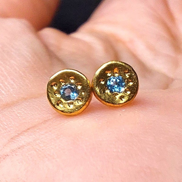 Round Solid 24k Yellow Gold Studs with tiny Blue Topaz - Pure Gold Post Earrings- 4 mm across- 24k Solid Gold Earrings - Birthstone earrings