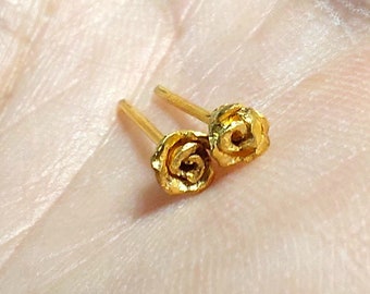 Tiny Roses 24k Solid Gold Stud Earrings-Handmade Rustic Rose Studs-4 mm-Real Gold Flower Earrings-Pure Gold Studs-Roses Studs-MADE TO ORDER