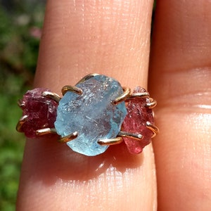 Natural Raw Aquamarine and Pink Tourmalines 14k Solid Rose Gold Ring - Raw Stone Ring - Rose Gold Ring - Multi Stone Ring - A size 7.25