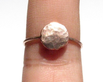 Solid Rose Gold Ring - Hammered Rose Gold Disc on Skinny Hammered Rose Gold Ring - Rustic Ring - Boho Ring - Hand made Ring - Made To Order.