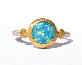 Opal Ring - 24k Solid Gold and Silver Ring - Yellow Gold Opal Ring - Engagement Ring- Pure Gold- Stackable Ring- MADE TO ORDER in Your Size.