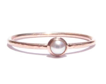 Pearl Solid Rose Gold Thin Ring -Pearl Rose Gold-Pearl Stacking Ring-Thin Gold Ring -Pearl Engagement Ring -June Birthstone-MADE TO ORDER