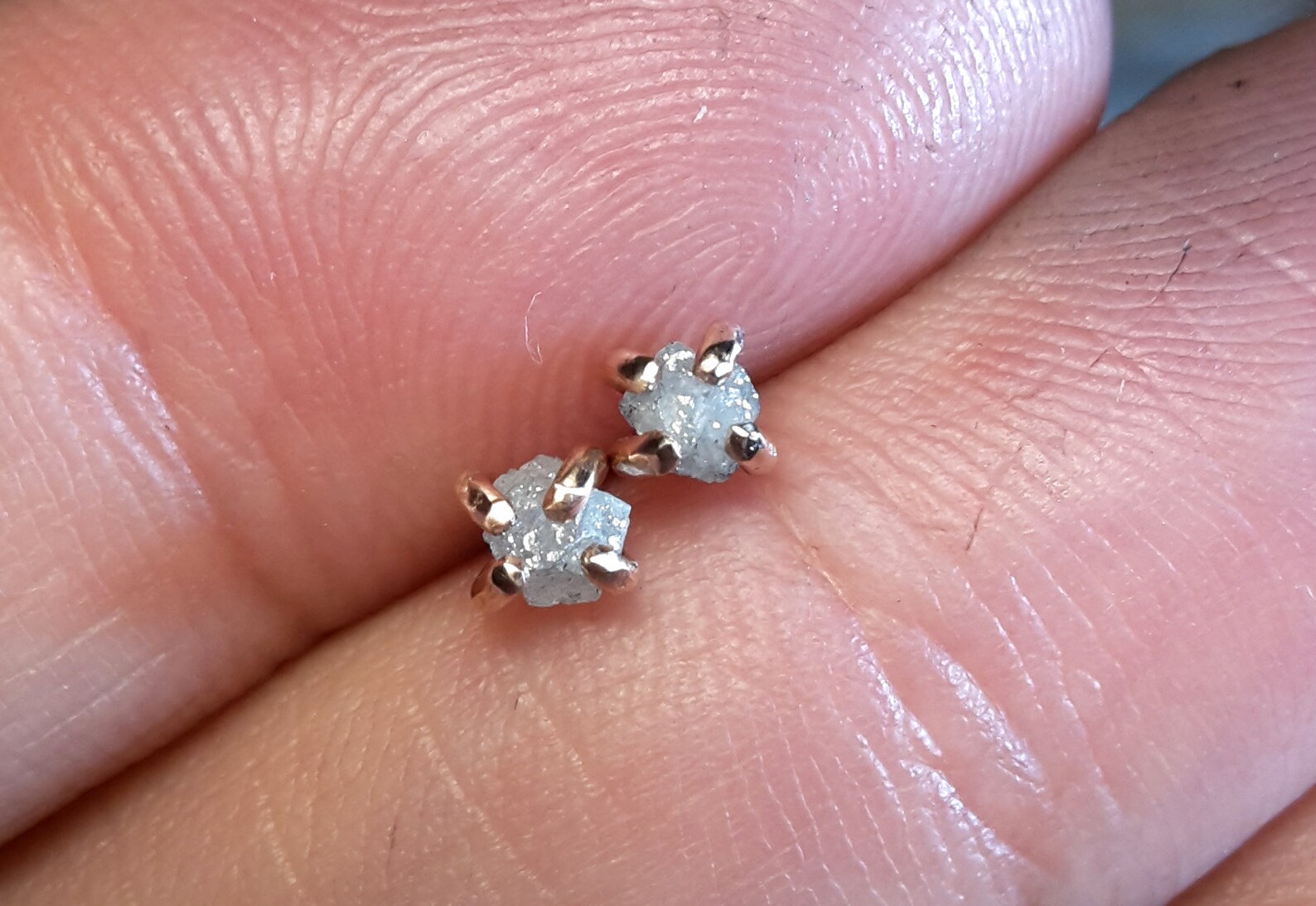 Tiny Rough Diamonds in Solid Gold Prongs Setting Earrings- 14k Solid ...