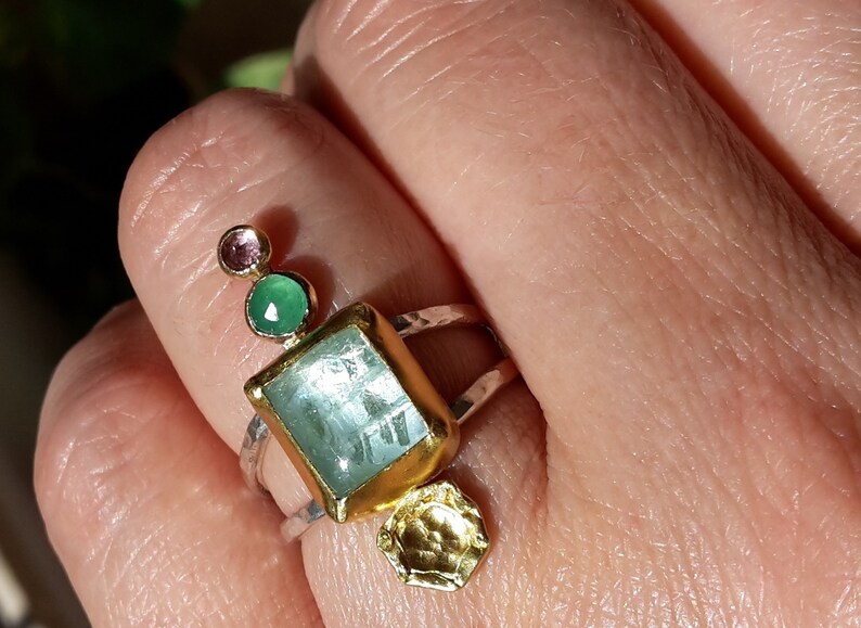 Pink Topaz Statement Ring- Bohemian Ring- A size 6.5 Mixed Metals Ring 24k Gold and Silver Ring Emerald Aquamarine Multi Stones ring