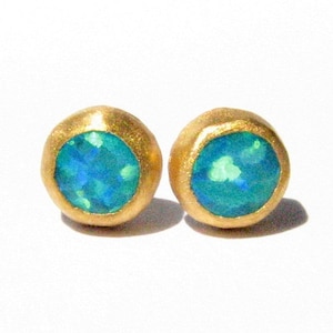 Opal Gold Studs - 24k Solid Gold Studs-Just under 7 mm across-Handmade Opal Post Earrings - Stone Earrings - Blue Opals Studs-Made to order.