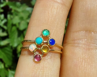 14k Solid Gold Multi Stones Rings Set-Family Birthstones Ring-Gold Stacking Ring- Dainty Gold Ring-Mothere's Ring-Anniversary Ring-Rings Set