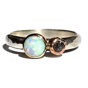 Opal Rough Diamond Ring -Solid 14k Rose Gold -Silver Opal Ring -Opal Ring- Black Raw Diamond - Diamond Opal - Rose Gold Ring- MADE TO ORDER.