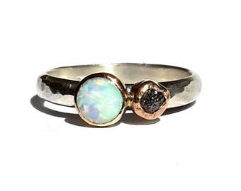Opal Rough Diamond Ring -Solid 14k Rose Gold -Silver Opal Ring -Opal Ring- Black Raw Diamond - Diamond Opal - Rose Gold Ring- MADE TO ORDER.