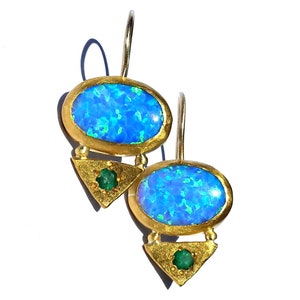24k Large Blue Opal and Emerald Drop Earrings-24k solid Gold Earrings -Opal 24k Gold-Stone Earrings-Emerald Opal Gold Earrings-MADE TO ORDER