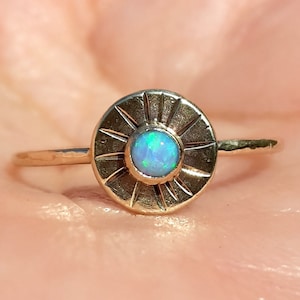 Blue Opal Gold Ring - SOLID Yellow Gold Ring- 14k and 9k yellow gold ring- Thin Gold Ring- Stackable Ring- Opal Engagement Ring-Rustic Ring.