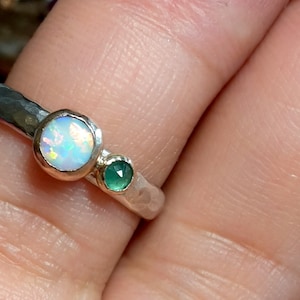 Opal and Emerald Ring - Solid 14k Rose Gold - Silver Opal Ring - Opal Ring- Emerald ring - Emerald Opal - Rose Gold Ring- Emerald Rose Gold.