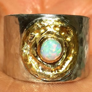 May include: A silver ring with a hammered texture and a gold circle with an opal gemstone in the center.