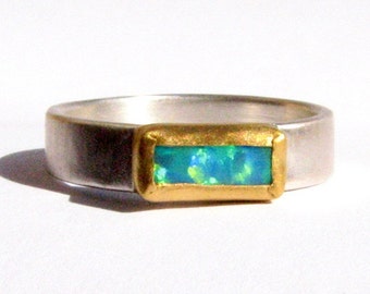 Rectangular Blue Opal in 24k Solid Gold on Sterling Silver Band-24k Blue Opal and silver Ring-Stackable ring-Birthstone Ring-Solitaire Ring.