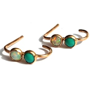 Solid Rose / yellow Gold Opal Turquoise Open Hoop Earrings-Small 14k Solid Rose Gold Hoops-White Opal and Turquoise Earrings-Gold Opal Hoops