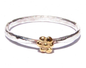 24k Yellow Gold Flower and Silver Ring - Stackable Ring - Thin Ring - solid Yellow Gold - Thin Silver Ring - Flower Ring - READY TO SHIP!