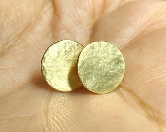 Large Solid 18k Gold Studs Post Earrings -10 mm Across- Round Flat Hammered 18k Yellow Gold Studs - 18k Gold Post Earrings- Made To Order
