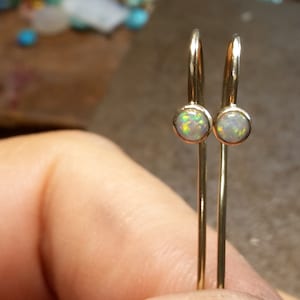 Tiny White Opal Solid 14k Gold Earrings- Opal Gold Earrings- 14k Solid Yellow Gold Earrings- Long Gold Opal Earrings- Delicate Gold Earrings