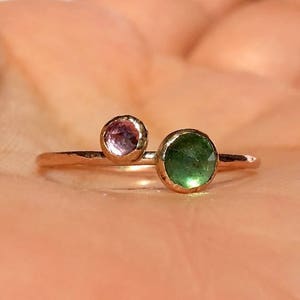 Gold Emerald Ring/Pink Topaz Ring/SOLID Rose Gold Ring/Emerald Rose Gold/Emerald Engagement Ring/Stackable Ring/Thin Gold Ring/2 Stones Ring image 5