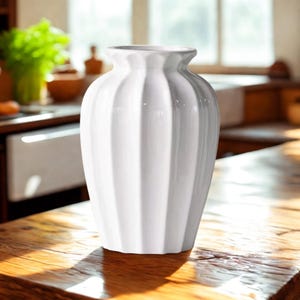 Elegant Nordic Ceramic Vase | White Minimalist Flower Vase | Modern Ribbed Pot for Home Decor, Living Room, Shelf or Table